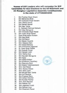 भाजपा ने जारी की उपचुनाव के लिए स्टार प्रचारकों की लिस्ट, इन नेताओं का नाम है शामिल